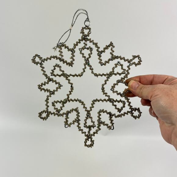 Vtg 1950s German Wire Snowflake Ornament Tinsel Beaded Star 7" Holiday Decor - Picture 6 of 8